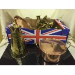 A box of gilt metal wall lights, copper sauce pan, copper trays,