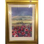 A gilt framed watercolour - poppy field and a framed print