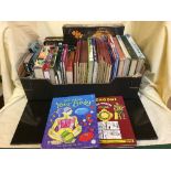 Two boxes of Broons annuals, assorted books, jigsaw, NUFC cup final programme, cigarette cards,