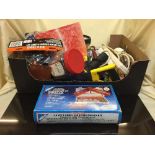 A box of staple guns, torches, screw driver kit,