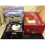 A boxed Hinari toaster and kettle, two boxes of kitchen storage jars, electrics, flasks,