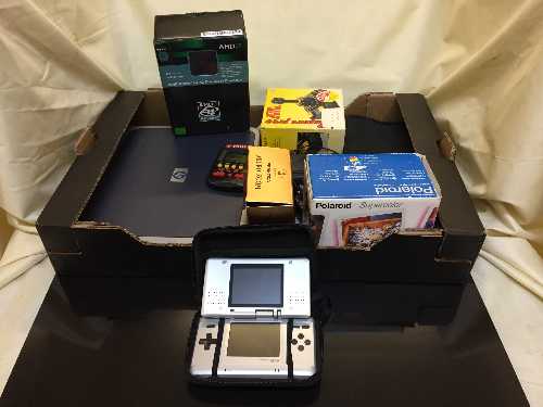 A Logitec PS2 driving force steering wheel, box of Poloroid camera, binoculars, Nintendo DS,