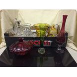 Two boxes of assorted glass, cranberry glass, Noritake dinner ware,