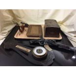 A tray of oak metal bound table casket, ornamental flint lock pistol, oak barometer,