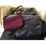 Two boxes of assorted lady's foot wear, hand bags,