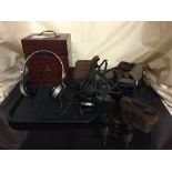 A mahogany cased Amplex receiver, headphones, pair of leather cased opera glasses, camera,