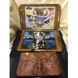 Two inlaid butterfly trays and a crocodile skin hand bag