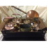A box of three antique copper kettles, brass watering can,