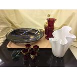 A tray of ruby and gilt decanter with glasses, Kosta Boda glass plate,