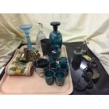 A decanter with glasses, pewter vase, bell pulls,