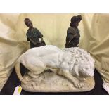 An early 20th century chalk figure of a lion and two other chalk figures (3)