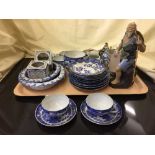 A tray of oriental figure, blue and white tea china,