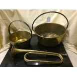 Two brass jam pans and a brass trumpet by Mayers & Harrison Ltd