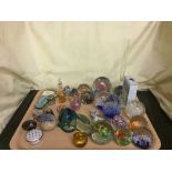A tray of collection of assorted paperweights, pill boxes,