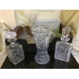 A box of cased cutlery, lead crystal, decanters, vases,