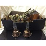A box of copper bucket, fire irons, letter rack, brass oil lamps,