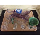 A tray of large glass horse figure, seven lead crystal ornaments, envelope dish,