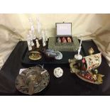 A tray of eastern tourist souvenirs including puzzle ball,