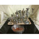 A tray of silver plated pieces - plated tea service on tray, set of six goblets on tray,