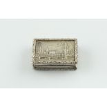 Silver pill box of 'castle top' style depicting the Houses of Parliament, Birmingham, 1997.