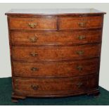 19th century bur wood bow front chest of two short & three long drawers, inlaid stringing,