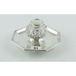 Silver inkstand with mounted cut glass receiver on octagonal base, by Jackson & Fullerton, 1902,