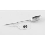 Silver mote spoon with pierced bowl, double heel slender stem with spike terminal,