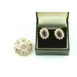 Pair of amethyst & pearl ear studs & a similar brooch, in 9ct gold.  (3).