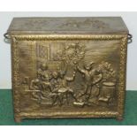 Brass log box of rectangular form with twin handles & hinged lid decorated with repousse tavern