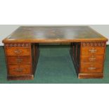 19th century Reformed Gothic oak pedestal partner's desk of large size,