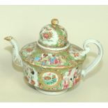 19th century Chinese famille rose tea pot of waisted squat baluster form with domed finialled cover,