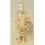 Well carved Japanese Meiji period large ivory okimono of a fisherman with cormorant, basket & catch,