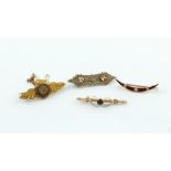 Edwardian gold crescent brooch with three diamonds on wine enamel & three others.  (4).