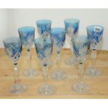 Set of eight Victorian Bohemian blue flashed wine glasses,