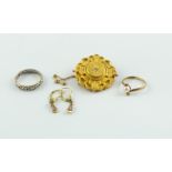 Gold locket with diamond, 1891; a 9ct gold ring; another & a pair of rolled gold earrings.