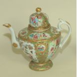 19th century Chinese famille rose coffee pot of circular baluster form with domed finialled cover,