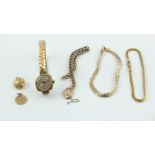 9ct gold watch on bracelet; various charms & small items, mostly 9ct gold.