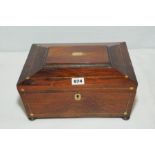 Victorian rosewood jewellery box of rectangular sarcophagus form with inlaid mother of pearl