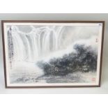 Modern Chinese brush ink painting of a waterfall in a landscape by Xin Ling with calligraphic