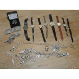 Eight watches; a silver charm bracelet & various items of costume & other jewellery.