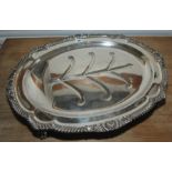 Old Sheffield plated oval meat dish, channelled with gadrooned & scallop border on paw feet,