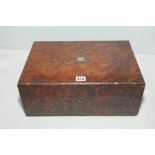 Victorian burr walnut writing box of rectangular form with inlaid cartouche escutcheon & stringing,