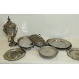 Seven items of antique pewter, comprising: three plates with lobed reeded rims, 12" & 9¾" diam.