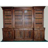 19th century mahogany breakfront library cabinet bookcase with moulded pediment above four leaded