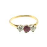 Three stone ruby & diamond ring with two brilliants, '18ct', size P½.