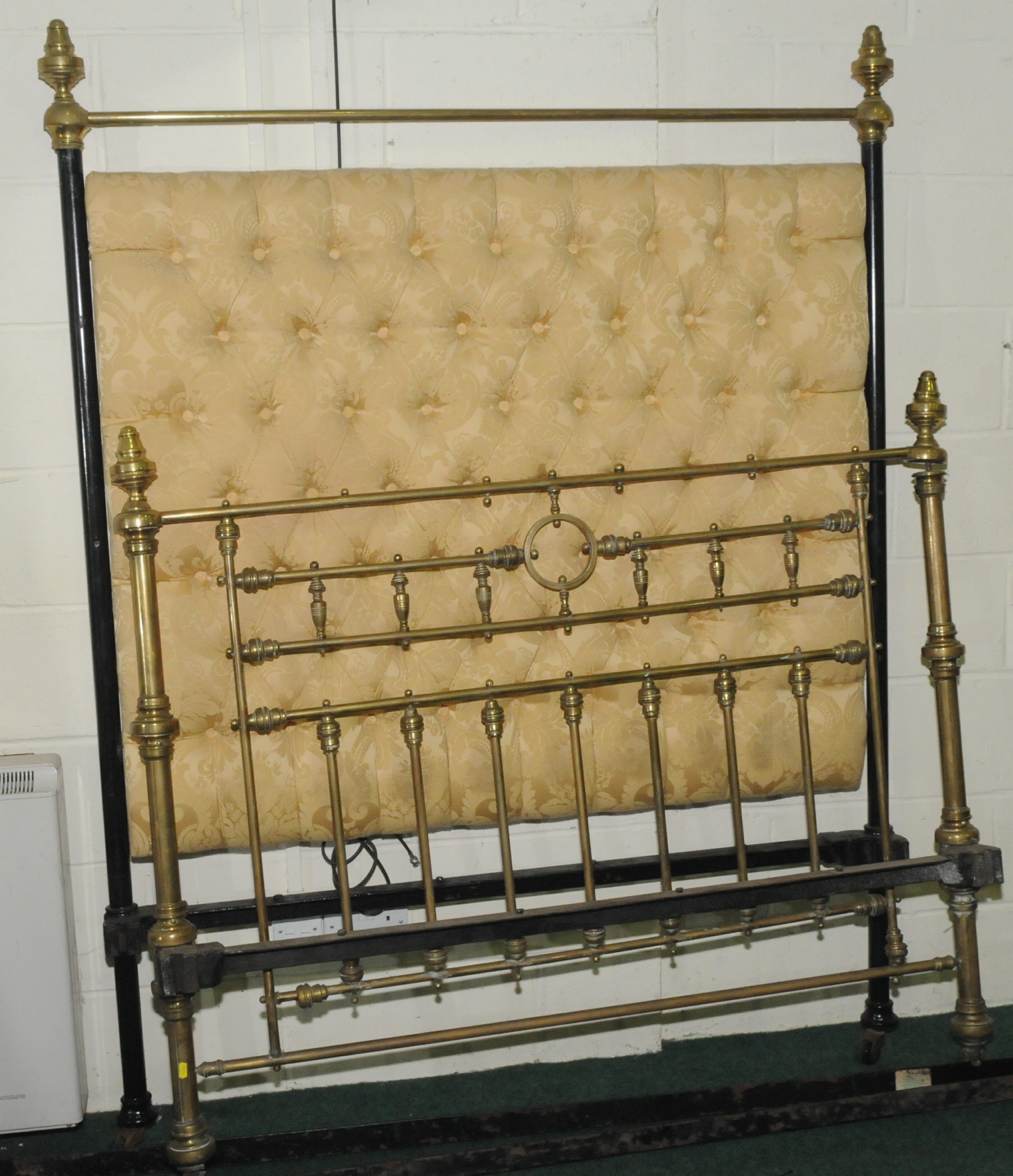 Victorian brass & black metal 4' 6" double bedstead of typical design with later button upholstered