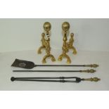 Pair of brass andirons in the Aesthetic style with reeded ball finials & roundels,