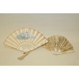 19th century Continental fan with pierced ivory sticks inscribed "Recuerdo" & satin leaf with