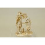 Japanese Meiji period carved ivory okimono of a farmer & his son on naturalistic base with chicken,