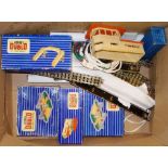 Hornby Dublo. Box of various items incl. footbridge, level crossings, signal cabins, etc.